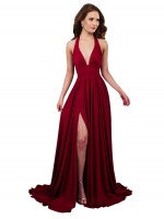 A-Line Halter Plunge V-Neckline Open Back Spandex Bridesmaid Dress with Slit