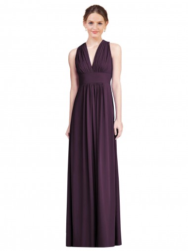Long Chiffon V-Neck Bridesmaid Dress with Shirred Bodice