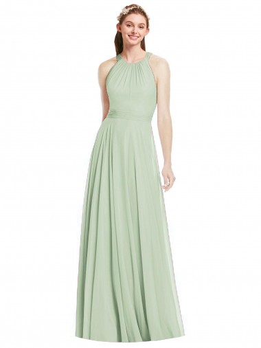 Open Back Halter Chiffon Bridesmaid Dress with Flowy Bow