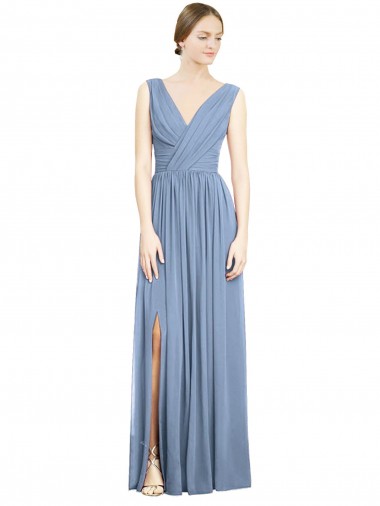 Sleeveless Draped Chiffon Maxi Bridesmaid Dress with Front Slit