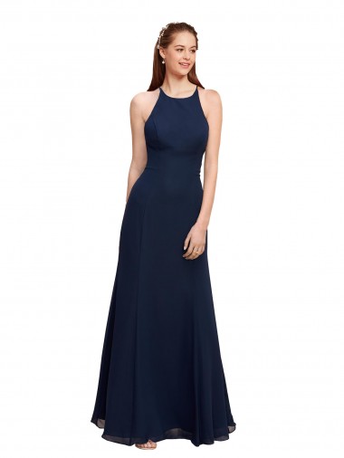 High Halter Fit and Flare Long Chiffon Bridesmaid Dress with Criss Cross Low Back
