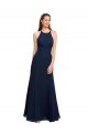 High Halter Fit and Flare Long Chiffon Bridesmaid Dress with Criss Cross Low Back