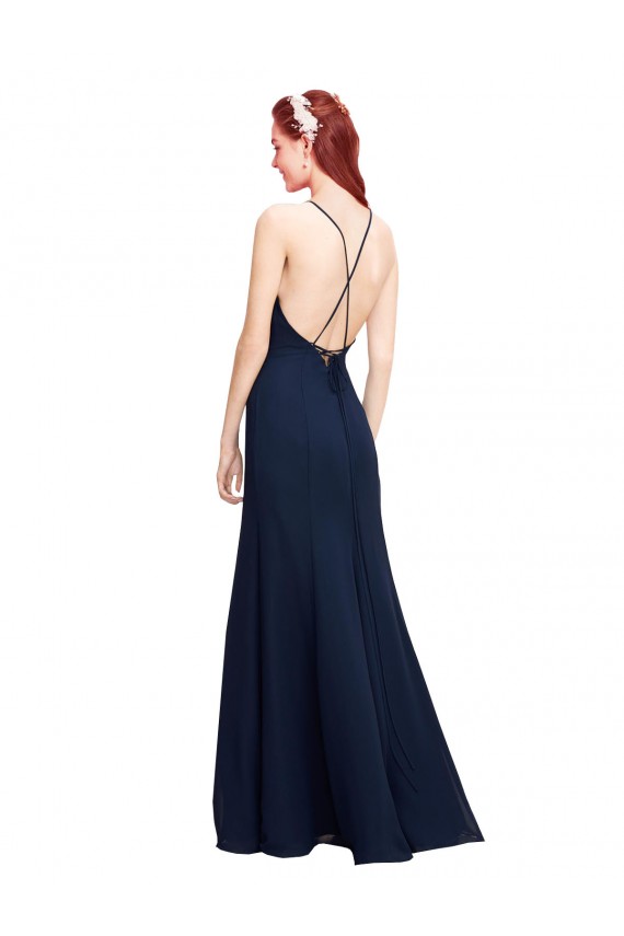 High Halter Fit and Flare Long Chiffon Bridesmaid Dress with Criss Cross Low Back