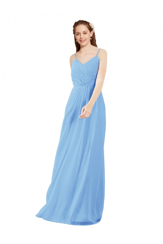 Pleated Low Back Long V-Neck Chiffon Bridesmaid Dress with Thin Straps