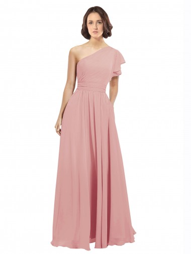 Chiffon Bridesmaids Dress with One Shoulder Flounced Sleeve