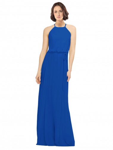 Long Jewel Neckline Chiffon Bridesmaids Dress wit Chiffon Tie Sash