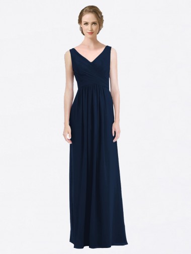 Long Chiffon V-Neck Sleeveless Bridesmaid Dress with Criss-Cross Pleated Bodice