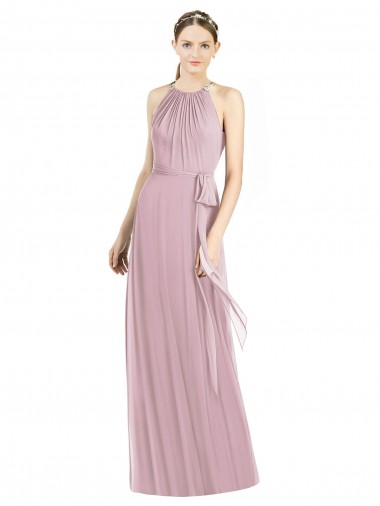 Shirred Halter Neck Long Chiffon Bridesmaid Dress