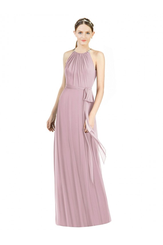 Shirred Halter Neck Long Chiffon Bridesmaid Dress
