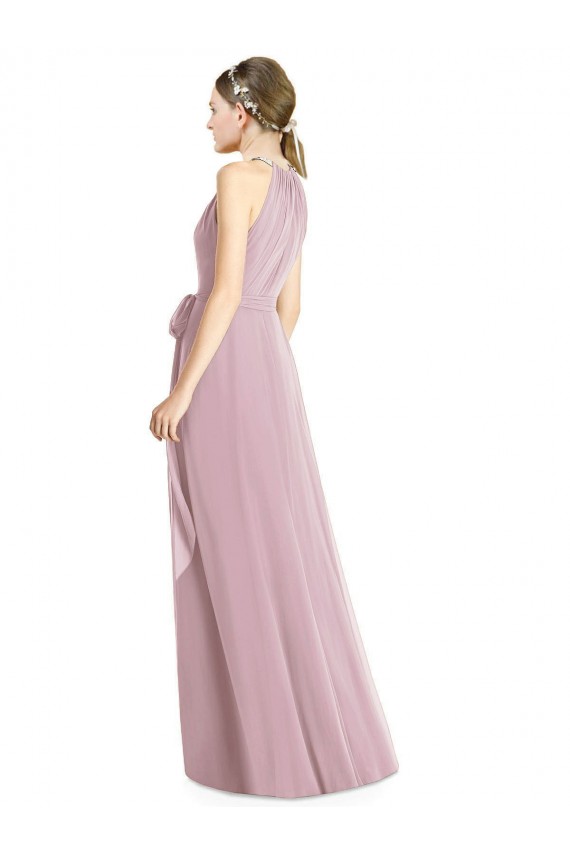 Shirred Halter Neck Long Chiffon Bridesmaid Dress