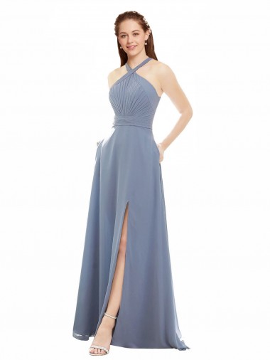 High Neck Chiffon Bridesmaid Dress with Draped Bodice