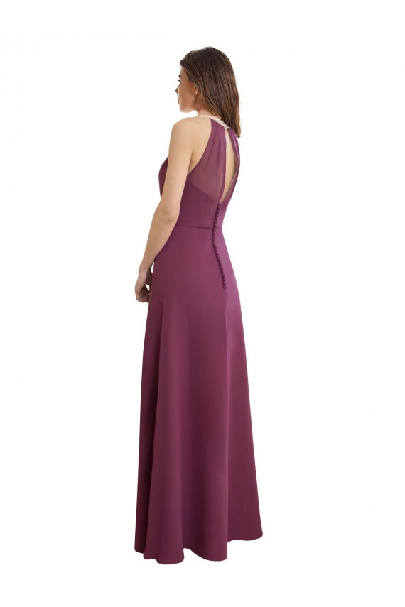 High Neckline Long Chiffon Bridesmaid Dress with Beaded Trim