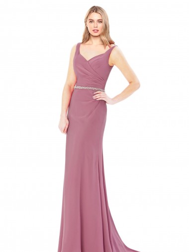 Long Slim Chiffon Bridesmaid Dress with Beaded Waist