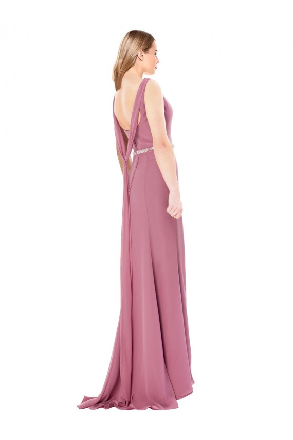 Long Slim Chiffon Bridesmaid Dress with Beaded Waist