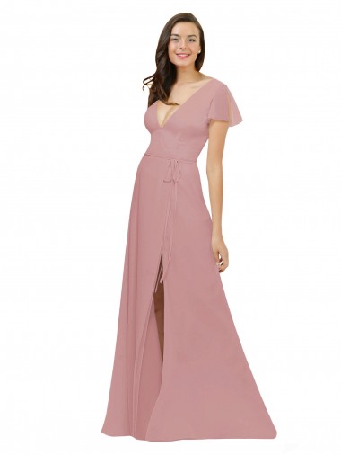 Flutter Sleeves Short Chiffon Bridesmaid Dress with Tie Belt