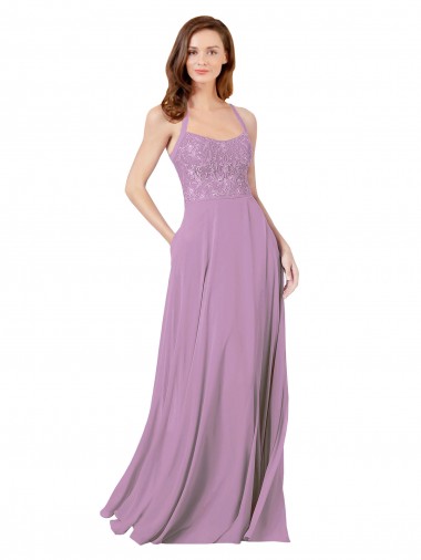 Floral Detailed Chiffon Bridesmaid Dress with Keyhole Back
