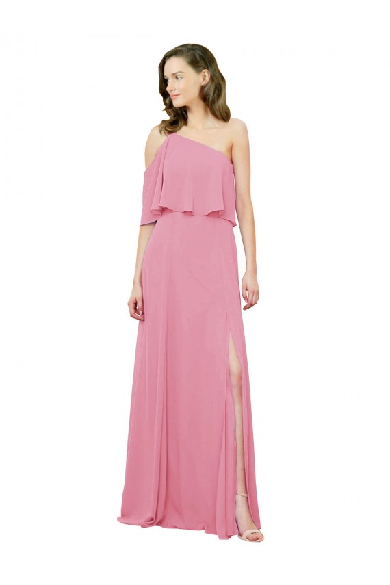 Sleeved One Shoulder Chiffon Bridesmaids Dress with Draped Ruffle Overlay
