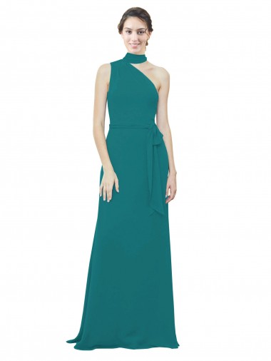 One Shoulder Chiffon Bridesmaids Dress with Scarf Tie Neckline