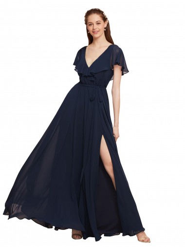 Long V-Neck Chiffon Bridesmaid Dress with Slit and V-Back