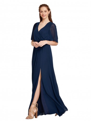 V-Neck Plush Chiffon Bridesmaid Dress with Flutter Sleeves