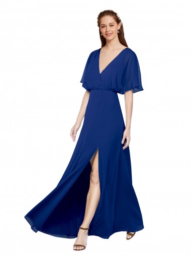 V-Neck Long Chiffon Bridesmaid Dress with Dolman Sleeved Bodice and Slit