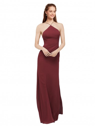 High Halter Neck Long Chiffon Bridesmaid Dress with Low Scoop Back