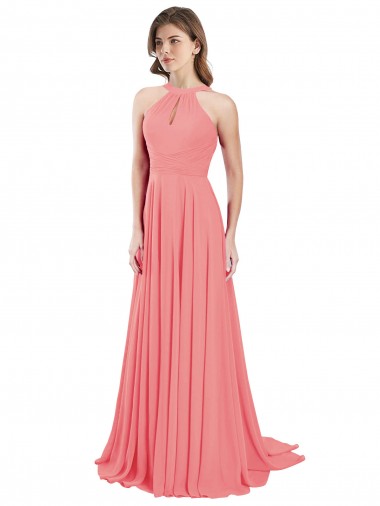 Draped A-Line Chiffon Bridesmaid Dress with Halter Keyhole Neckline