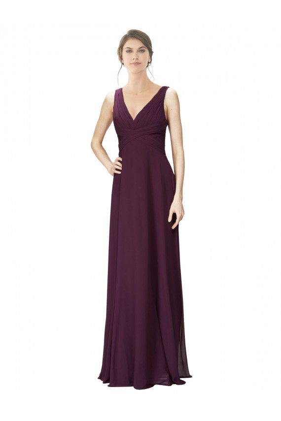Long Chiffon Bridesmaid Dress with Ruched Criss Cross V-Neck Bodice