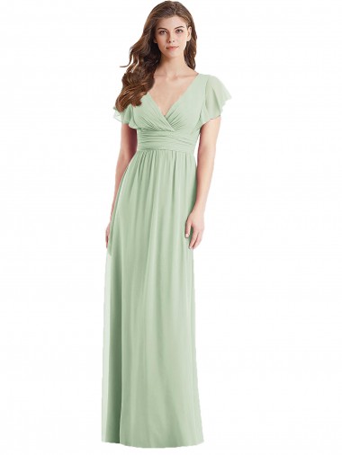 Flutter Sleeves Draped Wrap V-Neck Chiffon Bridesmaid Dress