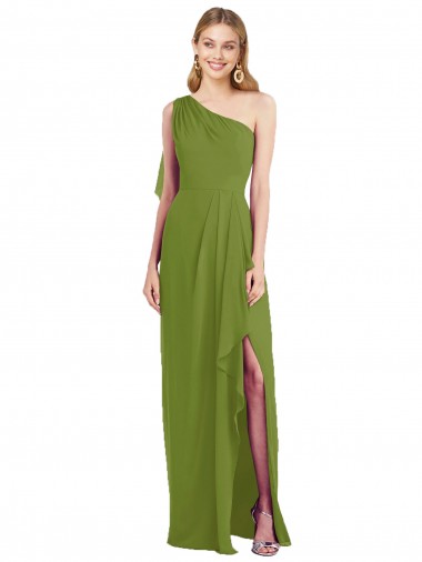 One Shoulder Chiffon Bridesmaid Dress with Draped Front Slit