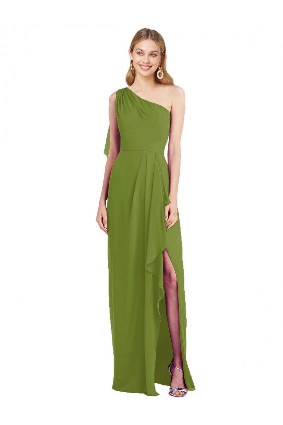 One Shoulder Chiffon Bridesmaid Dress with Draped Front Slit