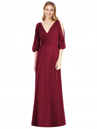 Draped V-Neck Bell Sleeves V-Back Chiffon Bridesmaid Dress