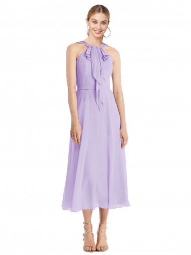 Midi Length Halter Plunging V-Back Chiffon Bridesmaid Dress