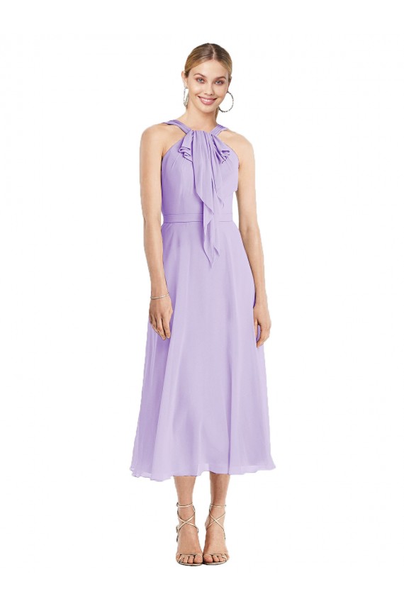 Midi Length Halter Plunging V-Back Chiffon Bridesmaid Dress