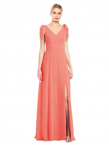 Full Length Bow-Shoulder V-Back Chiffon Bridesmaid Dress with Front Slit