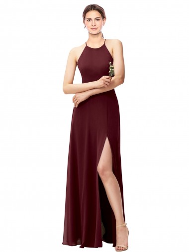 Slim Long High Halter Neck Chiffon Bridesmaid Dress with High Side Slit