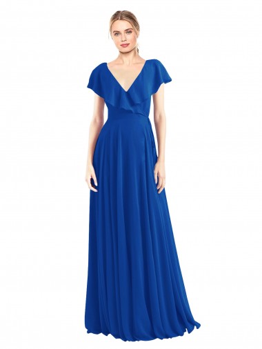 V-Neck A-Line Flutter Sleeves Long Chiffon Wrap Style Bridesmaid Dress
