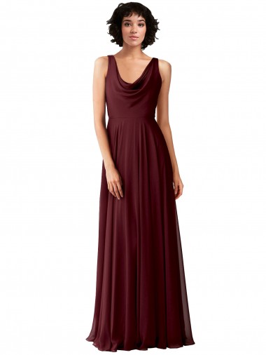 Draped Cowl Neck Long Chiffon Bridesmaid Dress with Wide Straps