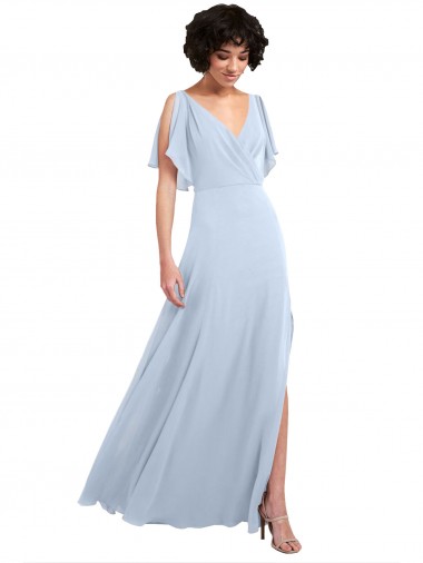 Split Flutter Sleeves V-Neck Chiffon Bridesmaid Dress with Open V-Back