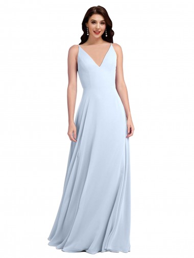Long Floor Length V-Neck Chiffon Bridesmaid Dress with Keyhole Back
