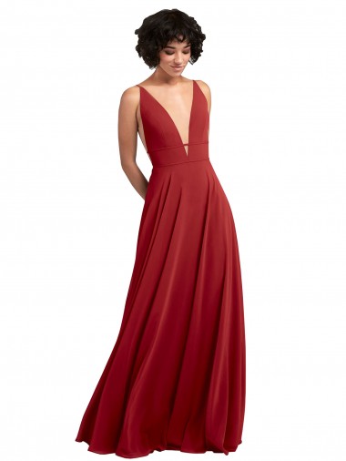 Fitted Plunging Deep V-Neck Long Chiffon Bridesmaid Dress with V-Back