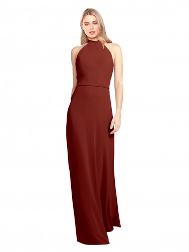Slim High Neck Halter Fitted Open Back Chiffon Bridesmaid Dress