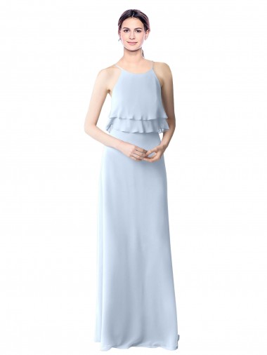 High Narrow Neck Long Chiffon Bridesmaid Dress with Tiered Ruffles