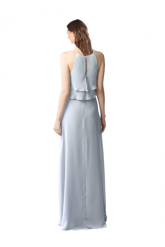 High Narrow Neck Long Chiffon Bridesmaid Dress with Tiered Ruffles
