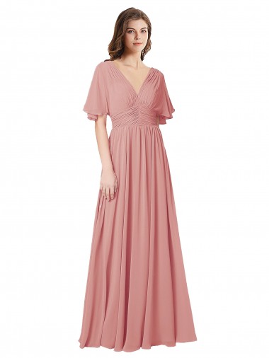 Flutter Sleeves Plunging V-Neck Boho Chiffon Bridesmaid Dress