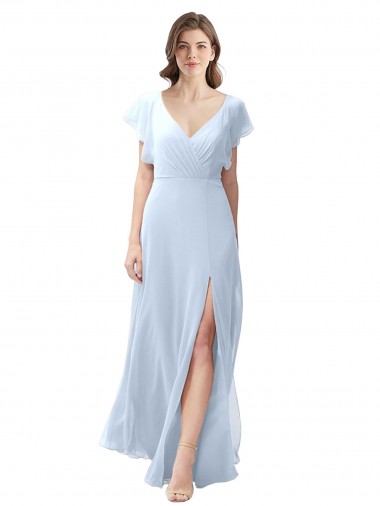 Flutter Sleeves Long Chiffon Bridesmaid Dress with Daring Open Back and Side Slit