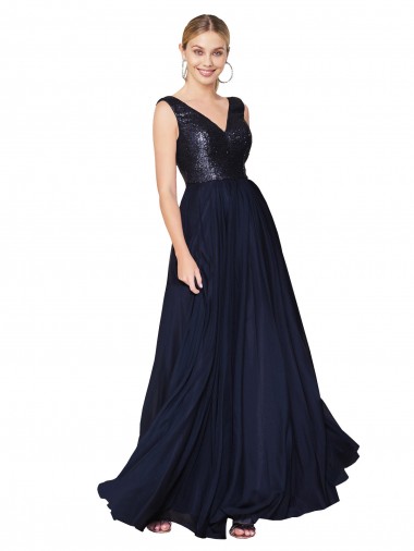 High Neck V-Neck Long Chiffon Bridesmaid Dress with Sequin Top