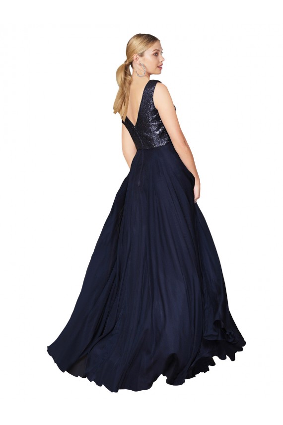 High Neck V-Neck Long Chiffon Bridesmaid Dress with Sequin Top