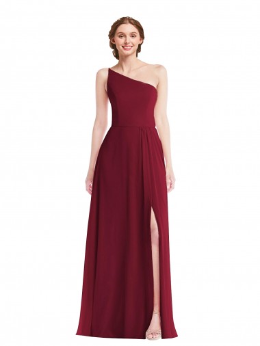 One Shoulder Chiffon Maxi Bridesmaid Dress with Shirred Front Slit