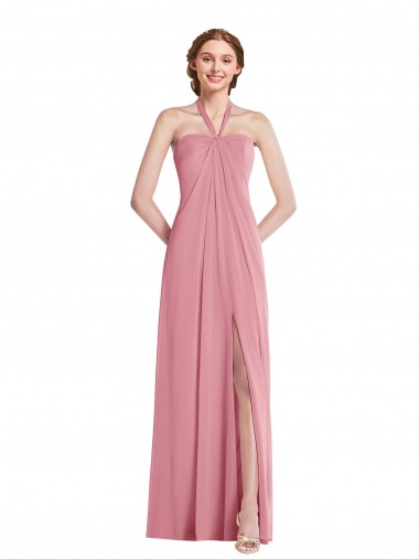 Draped Chiffon Grecian Column Bridesmaid Dress with Front Slit